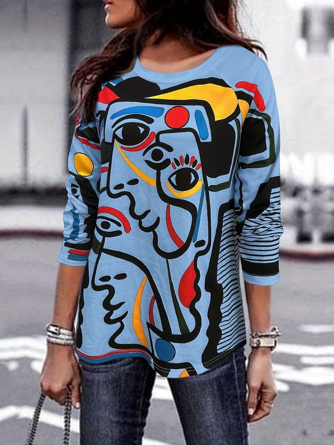 Abstract Face Print Long Sleeve Crew Neck Casual Blouse