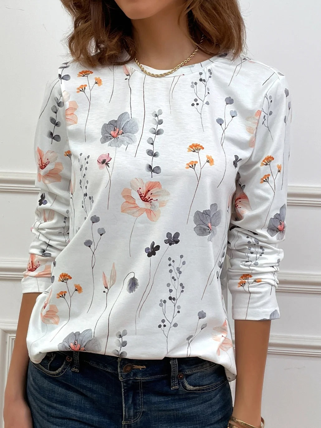 Casual Floral Print Crew Neck Long Sleeve Daily Loose Blouse