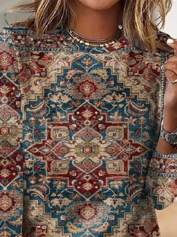 Casual Ethnic Crew Neck Long Sleeve Loose Blouse