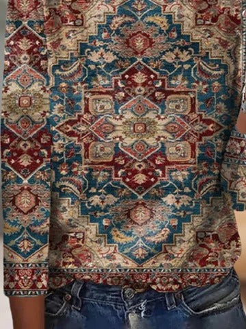 Casual Ethnic Crew Neck Long Sleeve Loose Blouse
