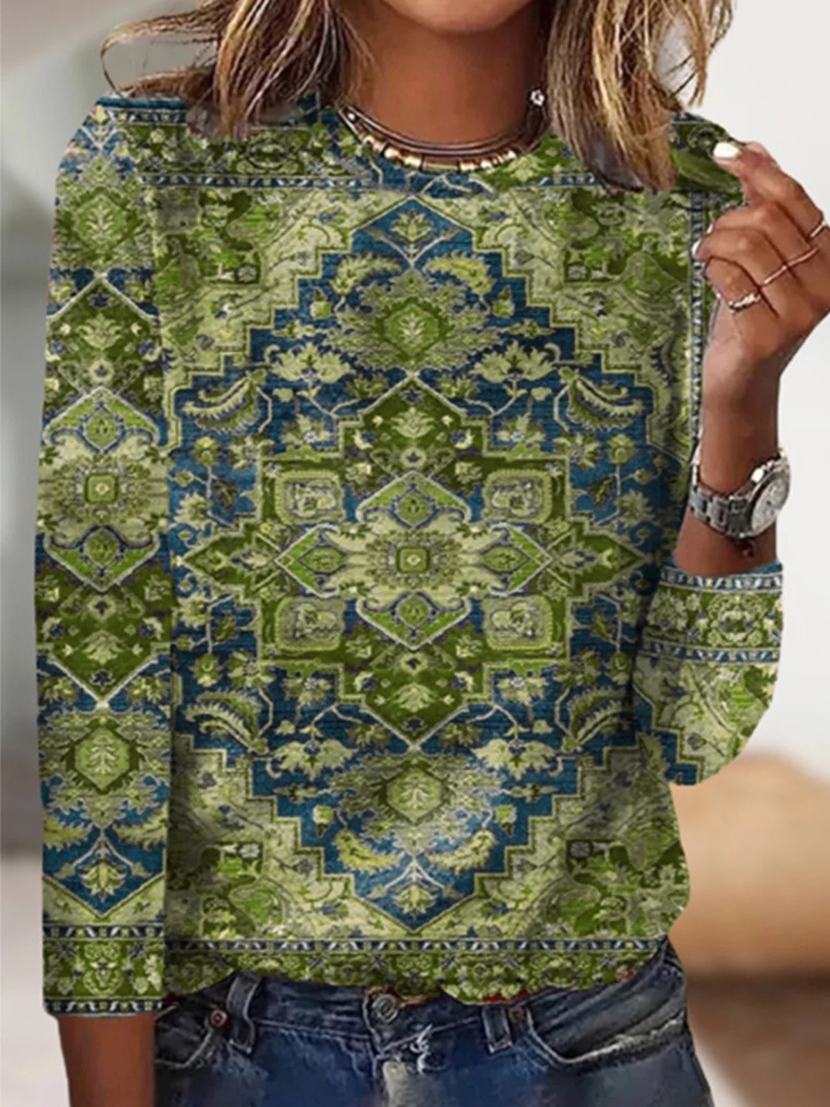 Casual Ethnic Crew Neck Long Sleeve Loose Blouse