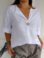 Plain Cotton V-neck 3/4 Sleeves Buttoned Blouse