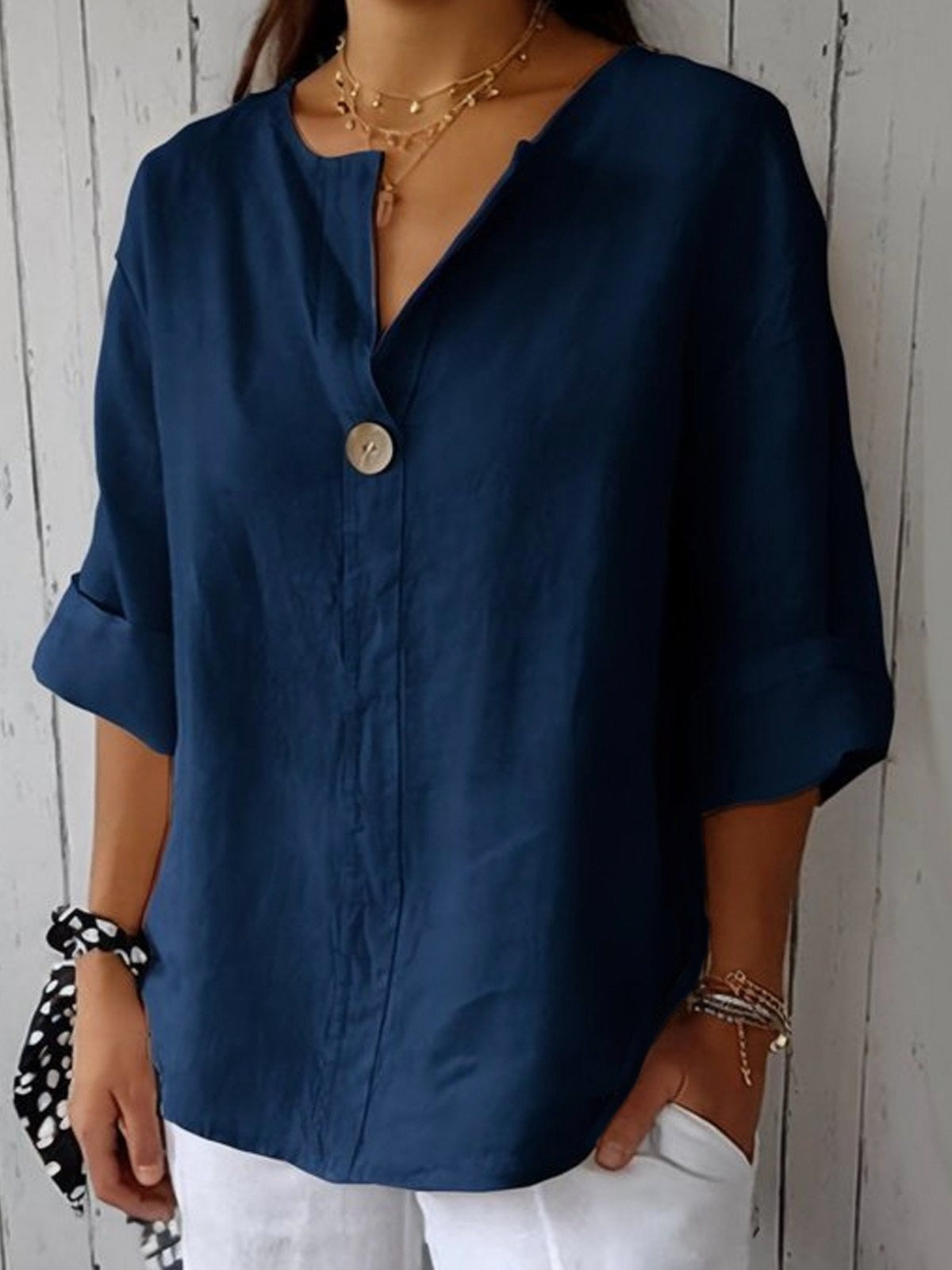 Plain Cotton V-neck 3/4 Sleeves Buttoned Blouse