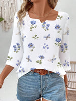 Cotton Floral Notched 3/4 Sleeves Cute Loose Blouse