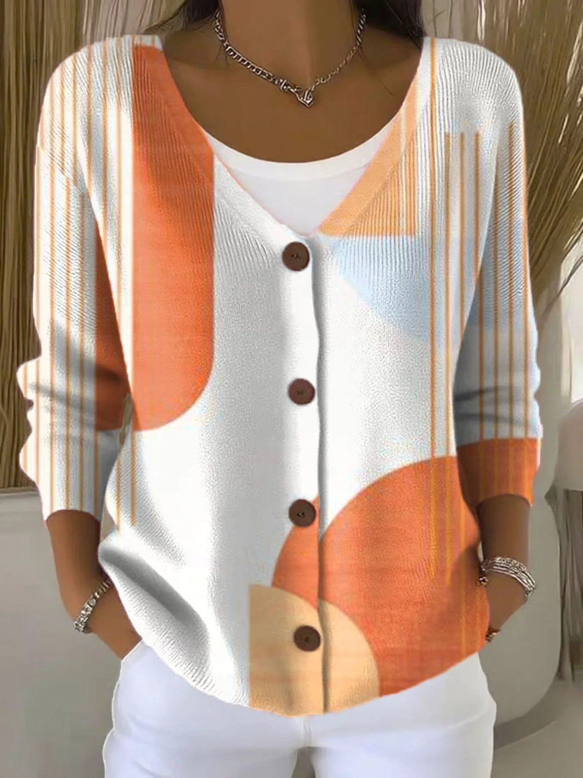 Abstract Geometric Print Buttoned Long Sleeve Comfy Cardigan