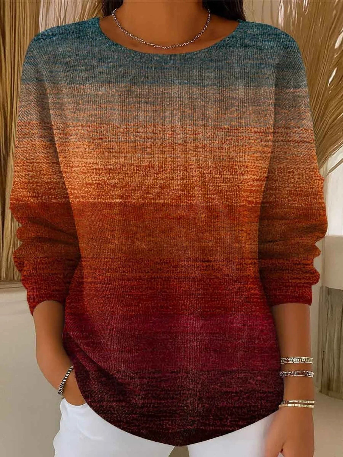 Autumn Gradient Color Crew Neck Long Sleeve Comfy Sweater