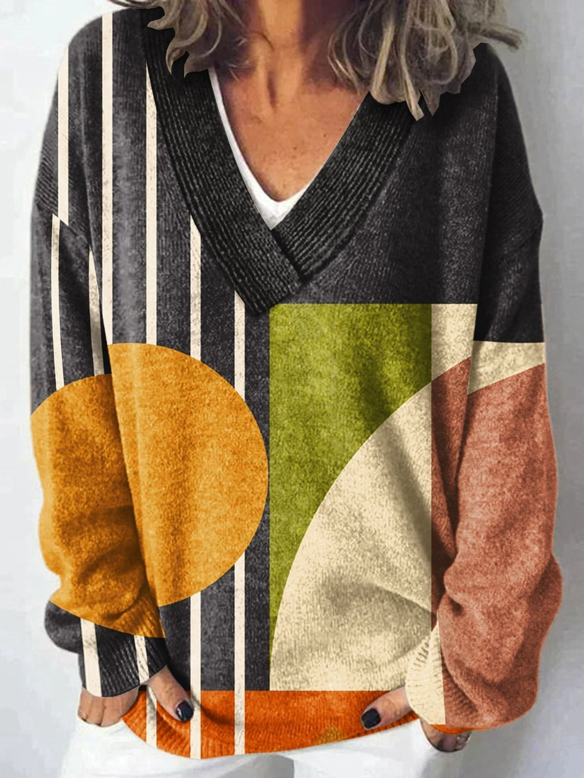 Minimalist Abstract Geometry Art Print Knit V-Neck Pullover Sweater