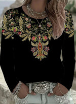 Ethnic Floral Crew Neck Long Sleeve Loose Casual T-shirt