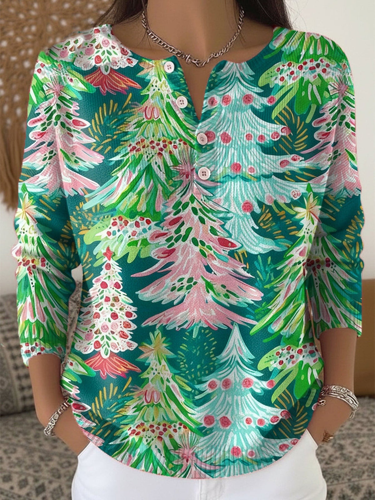 Beautiful And Colorful Winter Christmas Tree Painting Art Print Buttoned Cardigan Sweater