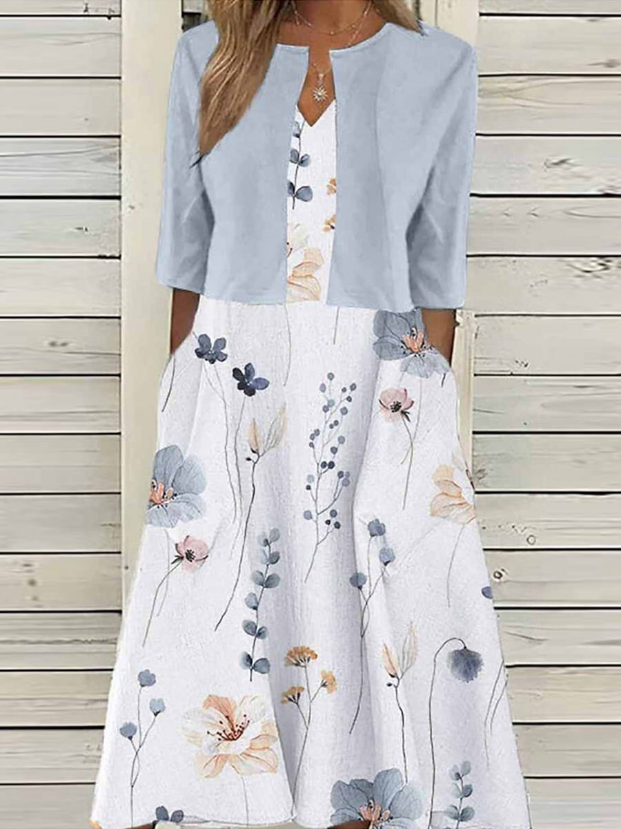 Floral Print V-neck Half Sleeve Two Piece Midi Dress