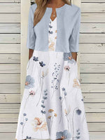 Floral Print V-neck Half Sleeve Two Piece Midi Dress