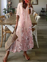 Lace Floral Print V Neck Casual Loose Half Sleeves Maxi Dress