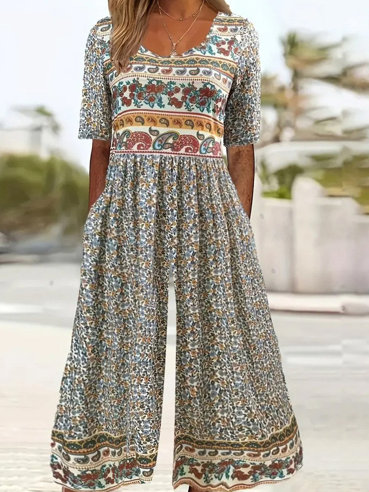 Women's Short Sleeve Crew Neck Loose Long Daily Vacation Small Floral Natural Jumpsuit