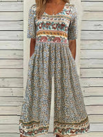 Women's Short Sleeve Crew Neck Loose Long Daily Vacation Small Floral Natural Jumpsuit