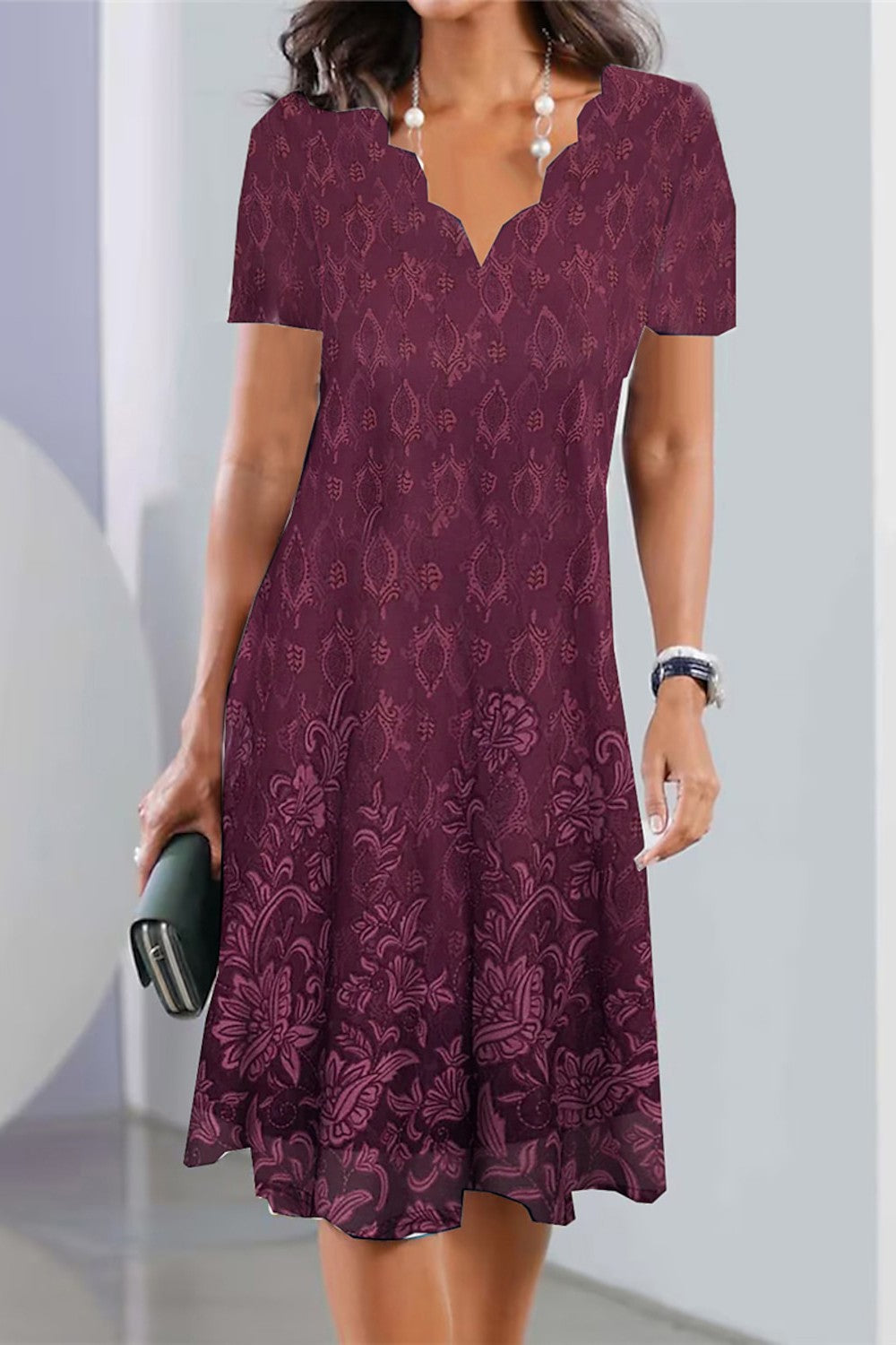 Scalloped Neck Short Sleeve Floral Midi Dress