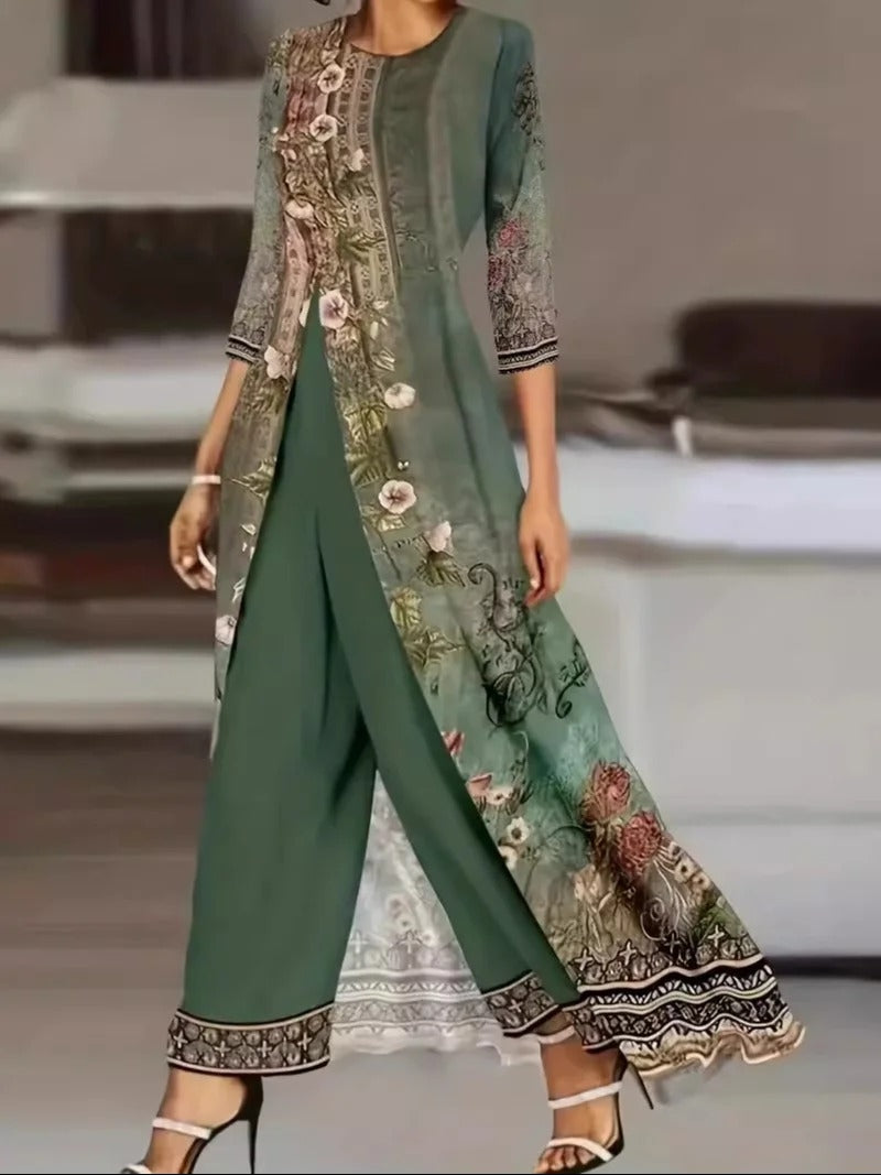 Jersey Floral Daily Going Out Two Piece Set Long Sleeve Casual Spring/Fall Top Pants Matching Set