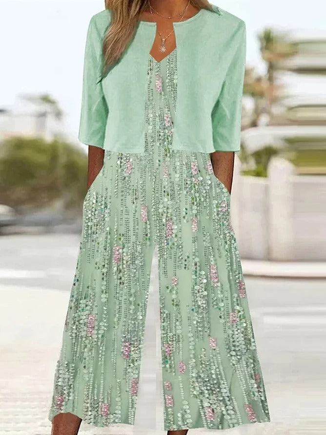 Pocket Stitching Random Print Daily Going Out Two Piece Set Cap Sleeve Casual Summer Matching Set Green