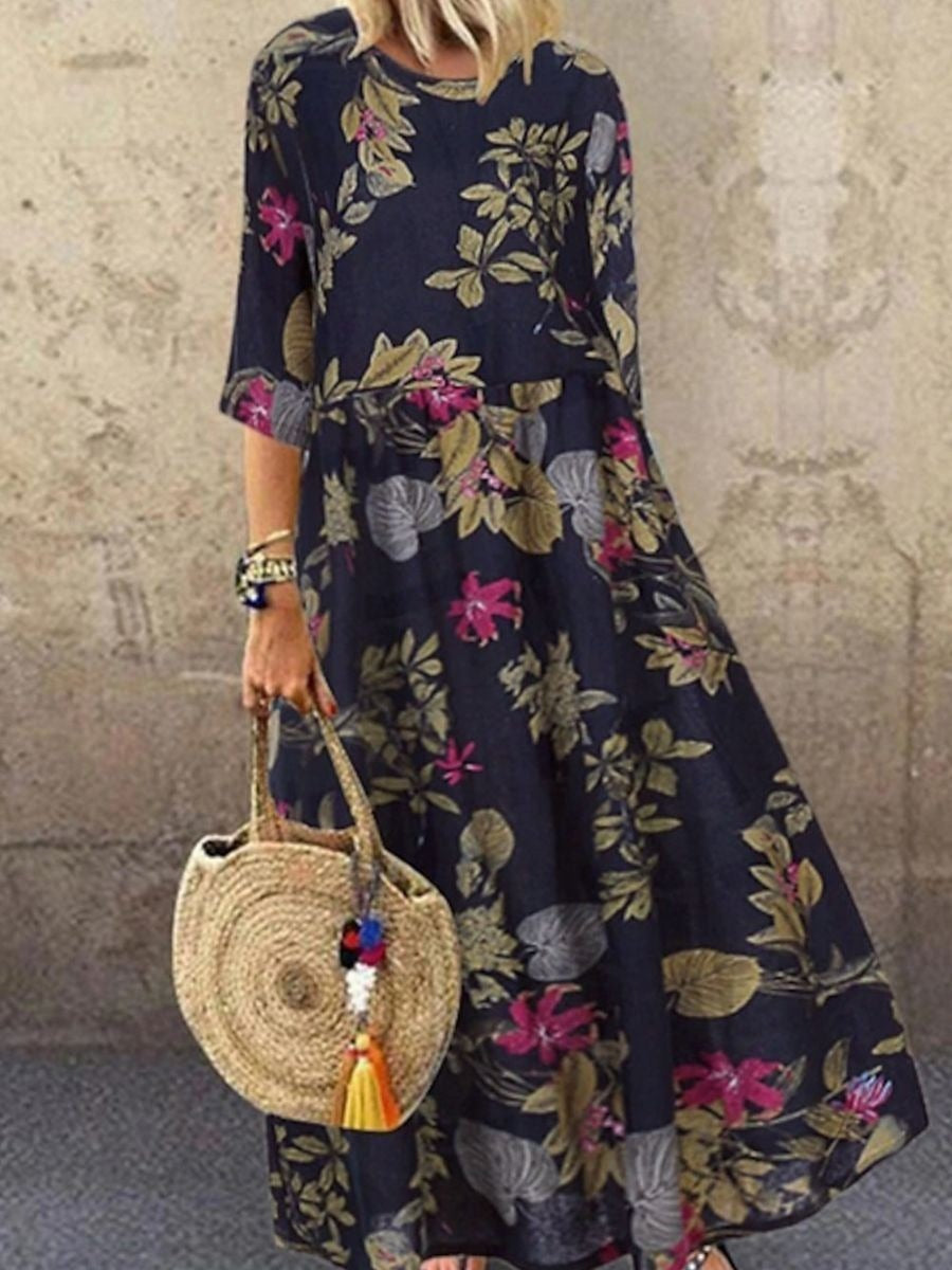 Navy Blue Casual Round Neck Floral Printed Half Sleeve Maxi Dress