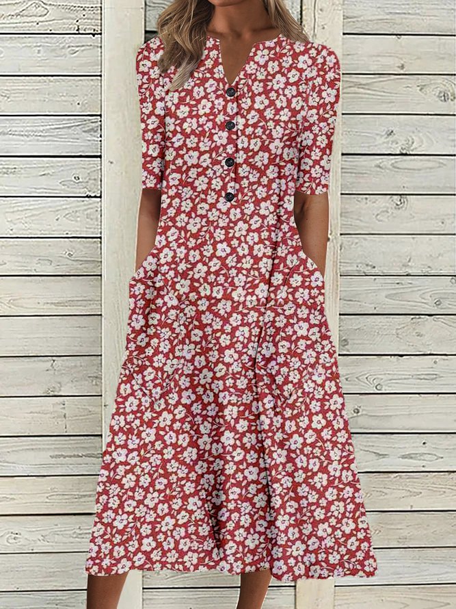 Red Floral Printed Casual V Neck Half Sleeve Midi Dress