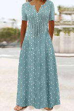 Polka Dots Casual Short Sleeve V-neck Button Pocket Maxi Dress