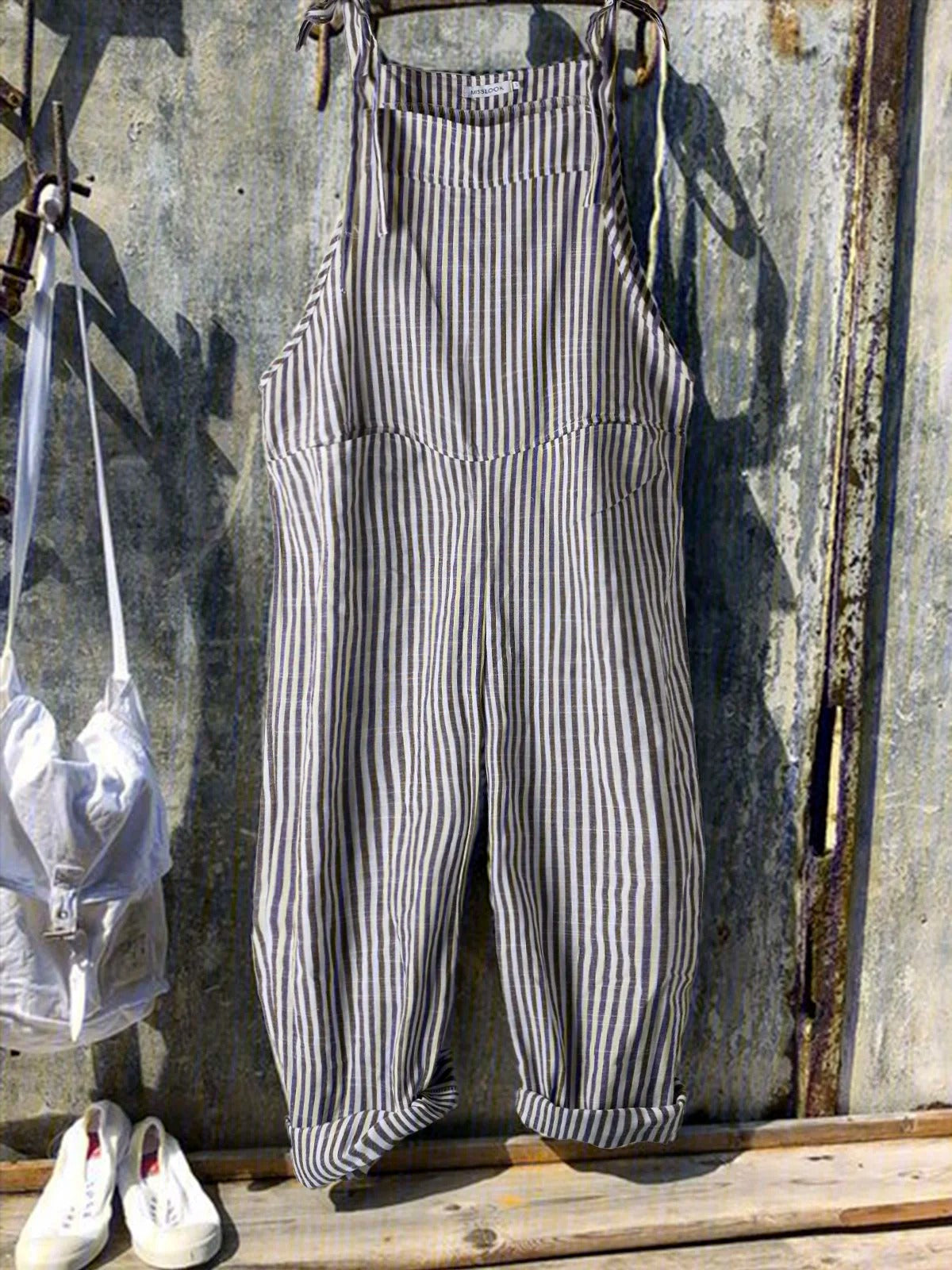 Cotton & Linen Vintage Black Gray Stripes Casual Jumpsuits