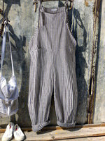Cotton & Linen Vintage Black Gray Stripes Casual Jumpsuits