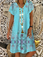 Casual Floral V Neck Short Sleeve Woven Mini Dress