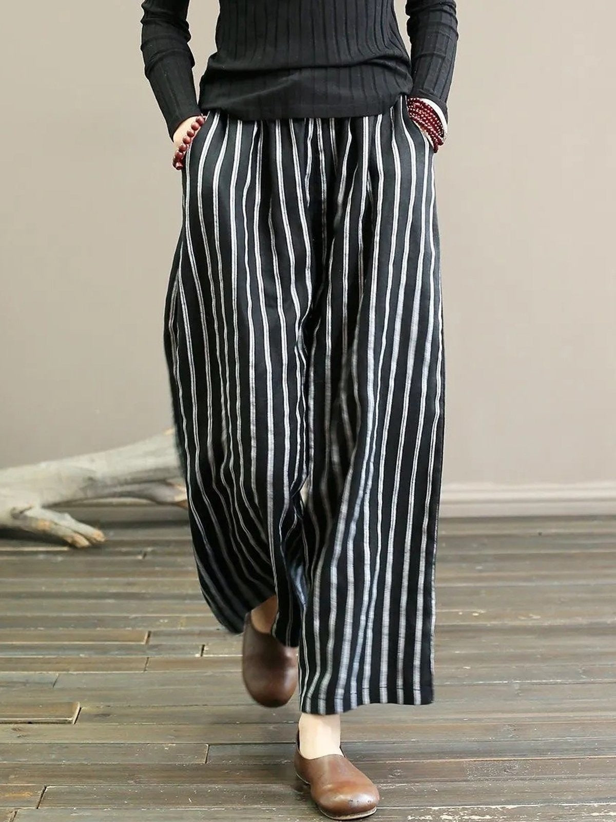 Casual Striped Long Wide Leg Pants