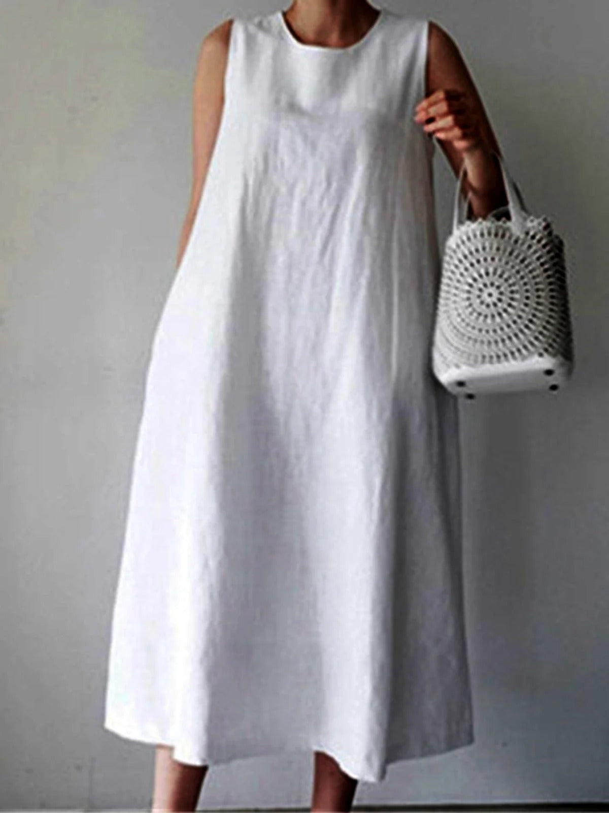 Women's White Cotton Casual Plain Sleeveless Maxi Dress