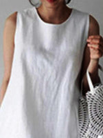 Women's White Cotton Casual Plain Sleeveless Maxi Dress