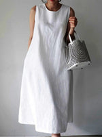 Women's White Cotton Casual Plain Sleeveless Maxi Dress