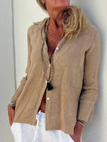 Women's Casual Plain Shirt Collar Button Down Linen Breathable Long Sleeve Blouse