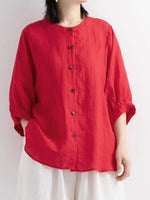Crew Neck Three-Quarter Lantern Sleeve Plain Loose Shirt For Women