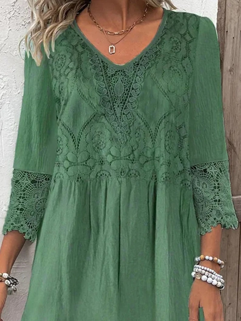 Plain Lace Casual Loose 3/4 Sleeves Midi Dress