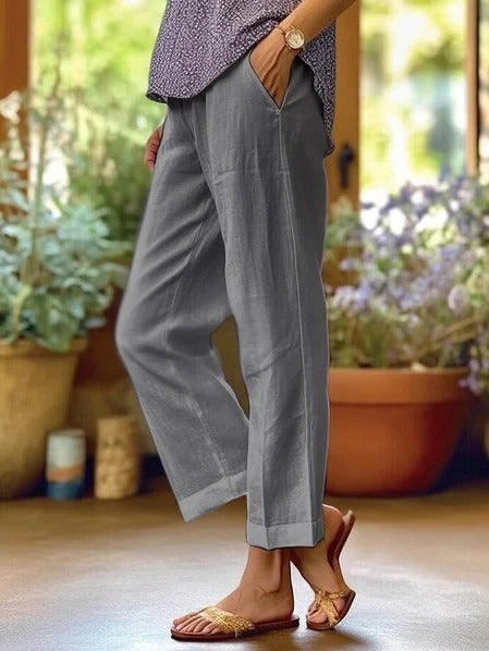 Plain Cotton And Linen Loose Straight Leg Pants