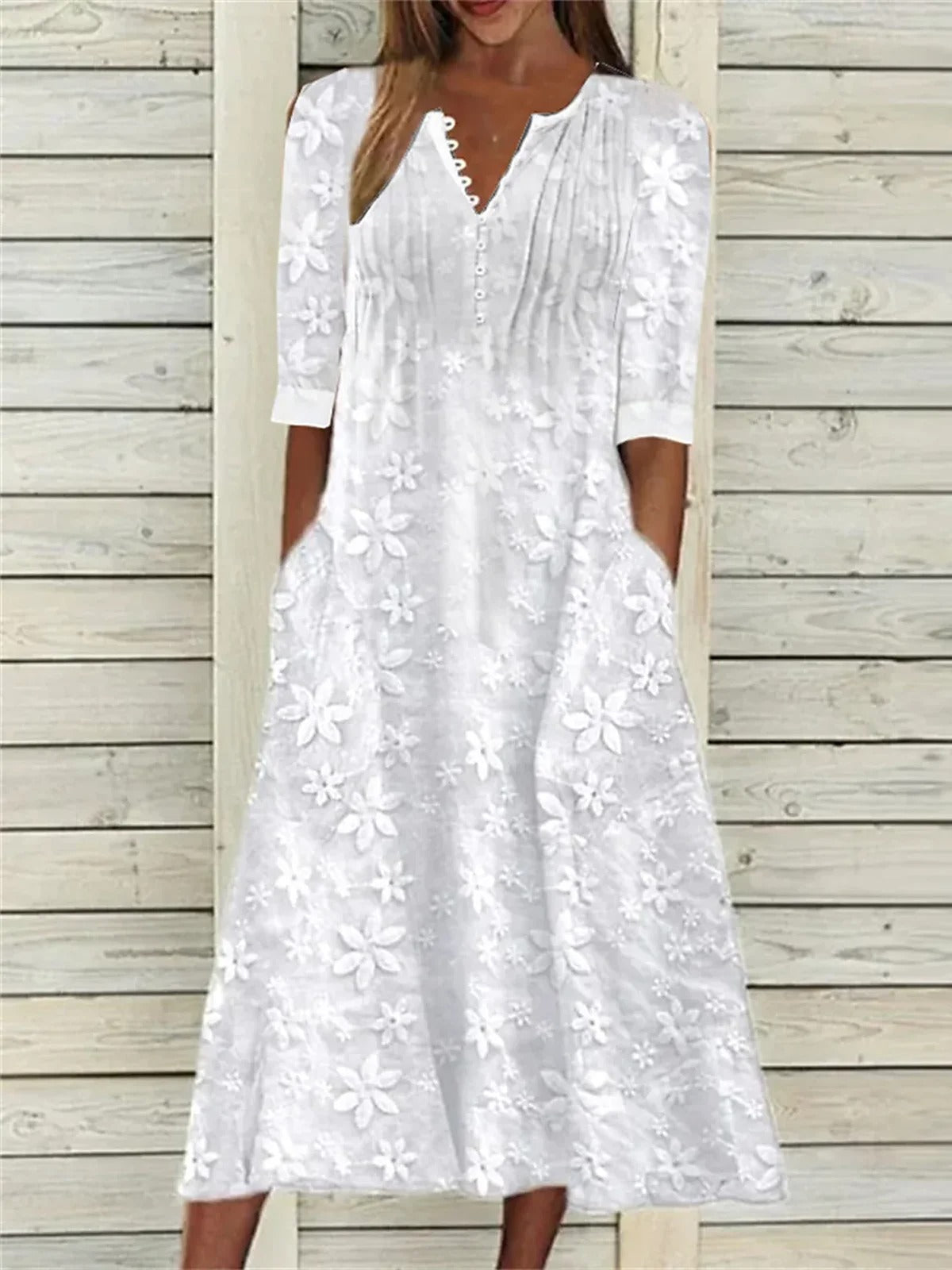 Elegant Plain V Neck Button Pockets Lace Floral Loose Cotton And Linen Maxi Dress