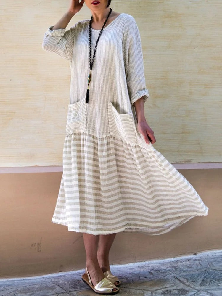 Striped Casual Crew Neck 3/4 Sleeves Cotton Casual Maxi Dress