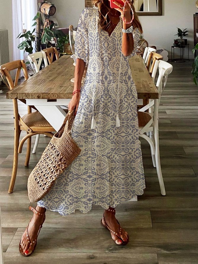 Loose Notched Casual Ethnic Maxi Dress
