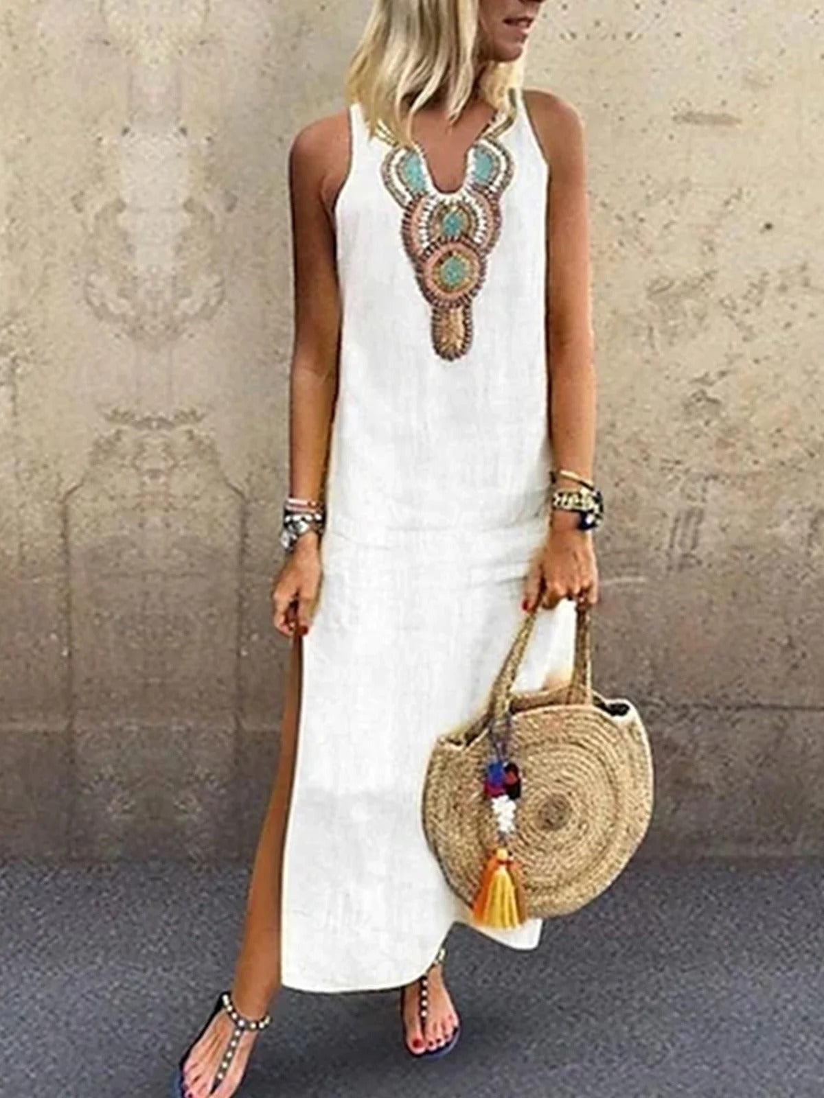 Women's Ethnic V Neck Sleeveless Comfy Vacation Maxi Dress