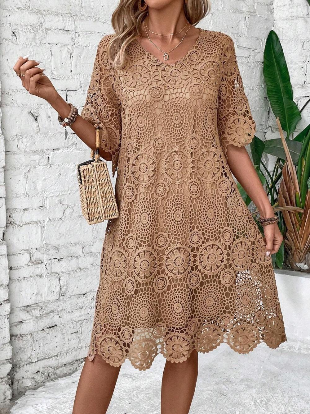 Women's Plain Crew Neck Short Sleeve Comfy Casual Lace Short Dress