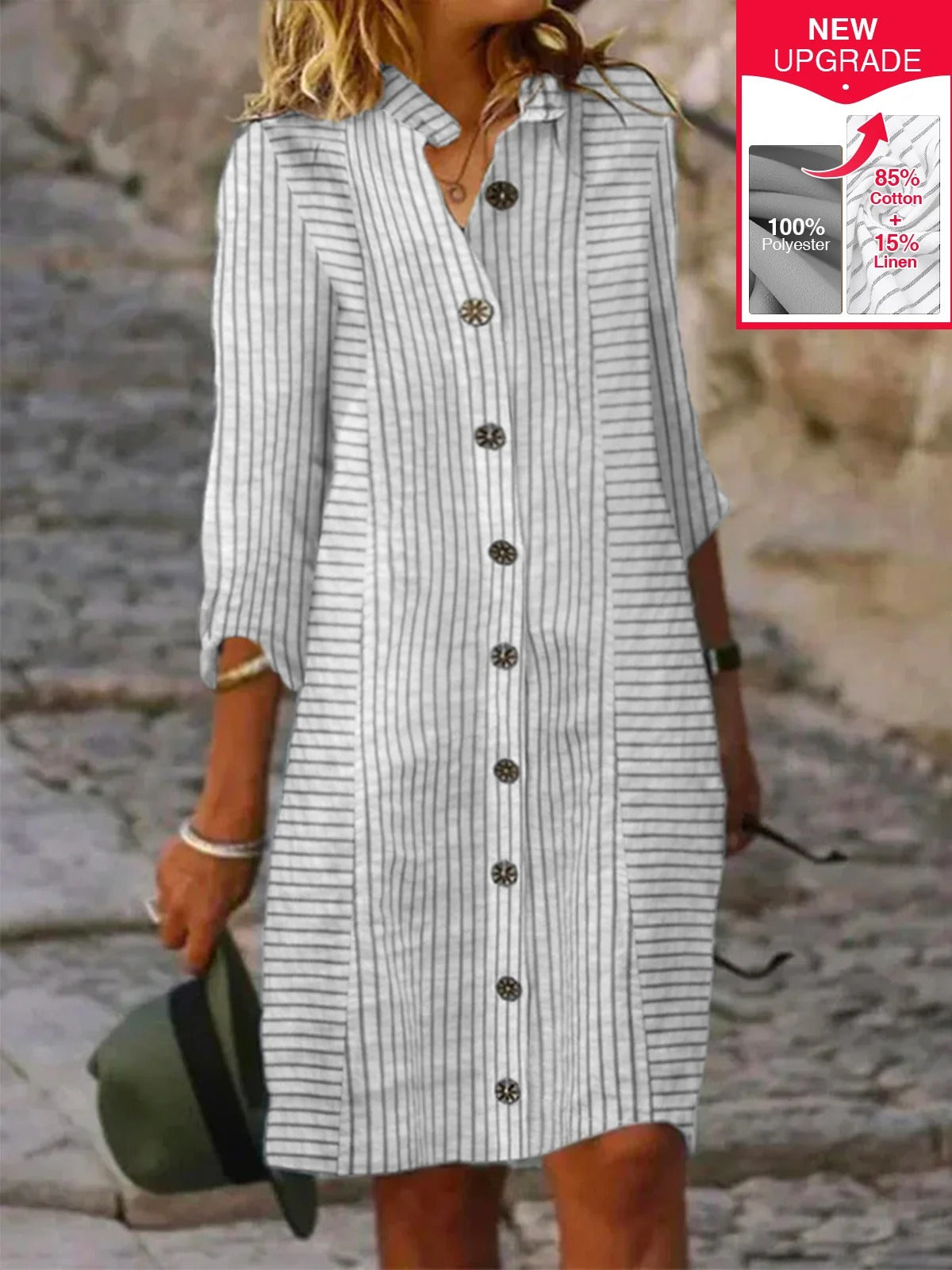 Women's Linen Striped Shirt Collar Three Quarter Sleeve Comfy Casual Short Dress