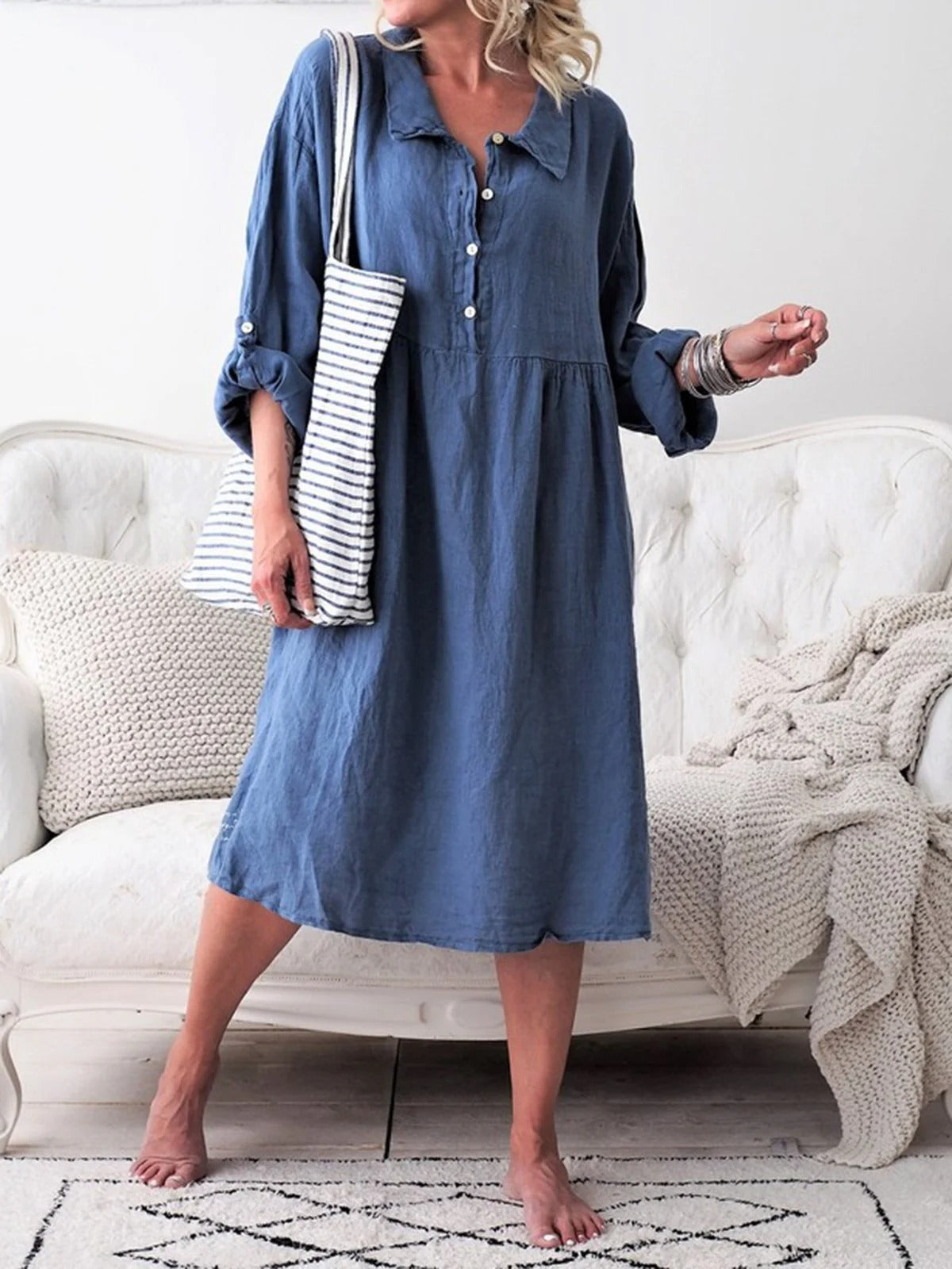 Women's Long Sleeve Shirt Dress Buttoned Down Midi Dress