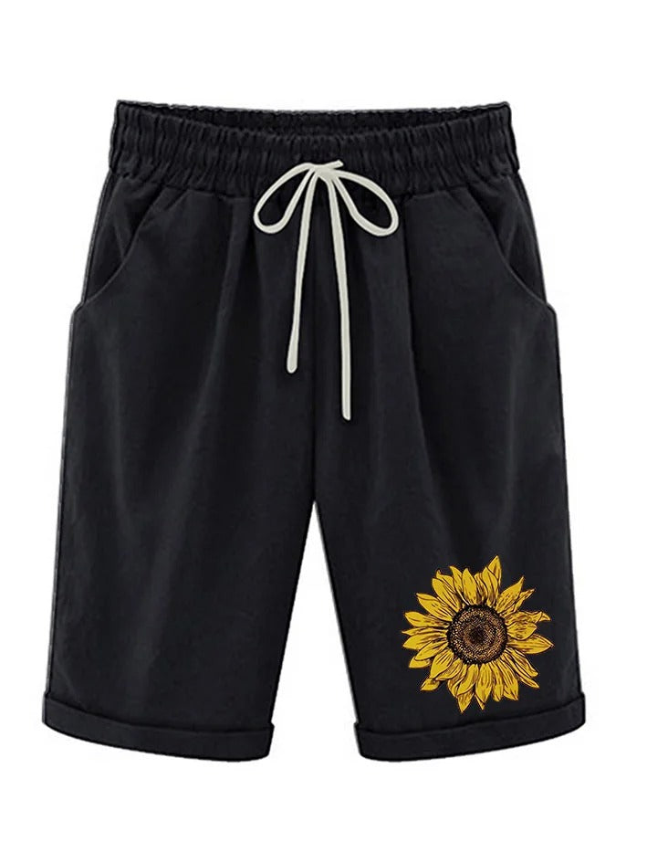Women's Sunflower Plus Size Casual Pockets Elastic Waist Shorts