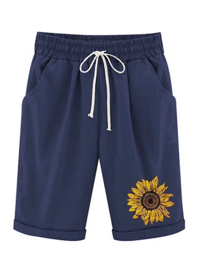 Women's Sunflower Plus Size Casual Pockets Elastic Waist Shorts
