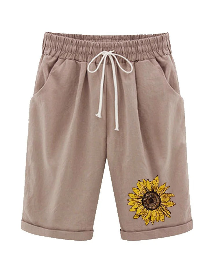 Women's Sunflower Plus Size Casual Pockets Elastic Waist Shorts