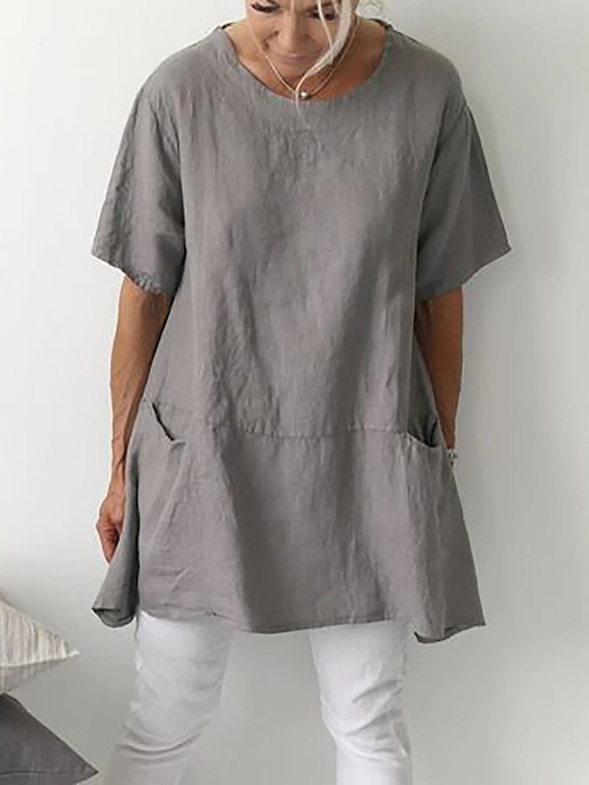 Solid Short Sleeve Crew Neck Pockets Shirt