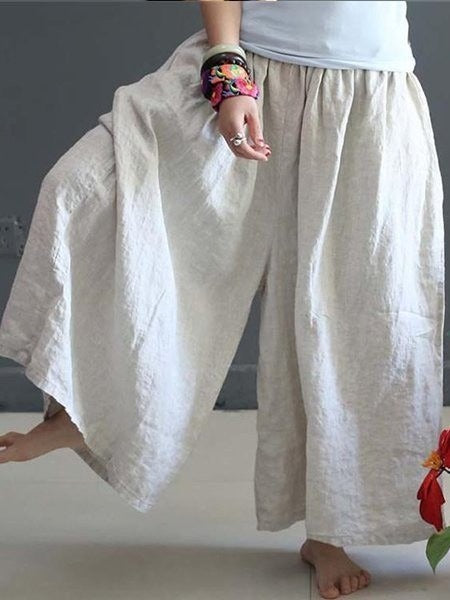 Women's Cotton Linen Loose Plain Casual Wide Leg Pants
