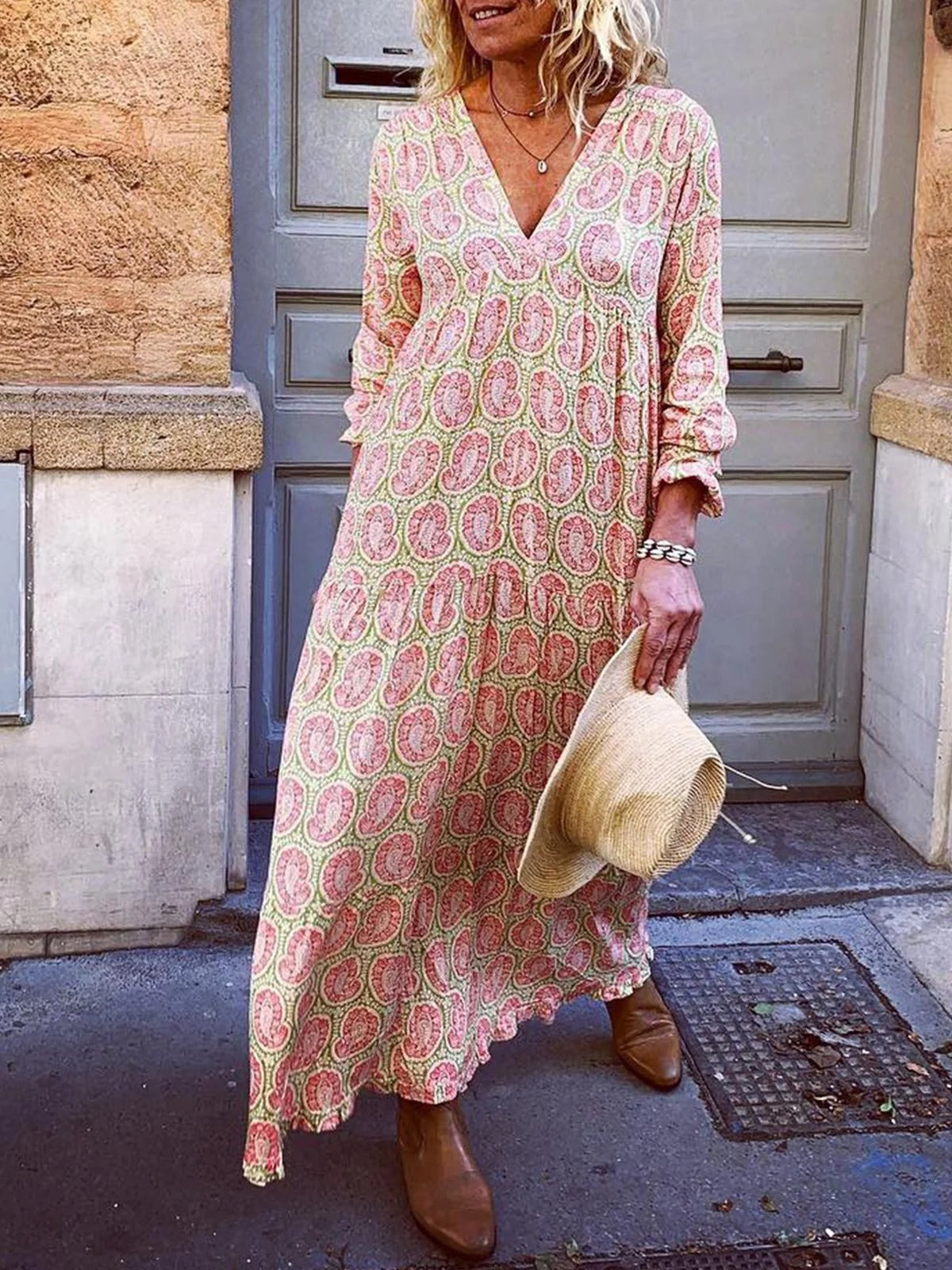 Summer Weaving Long Sleeve Floral V Neck Gathered Holiday Maxi Dress