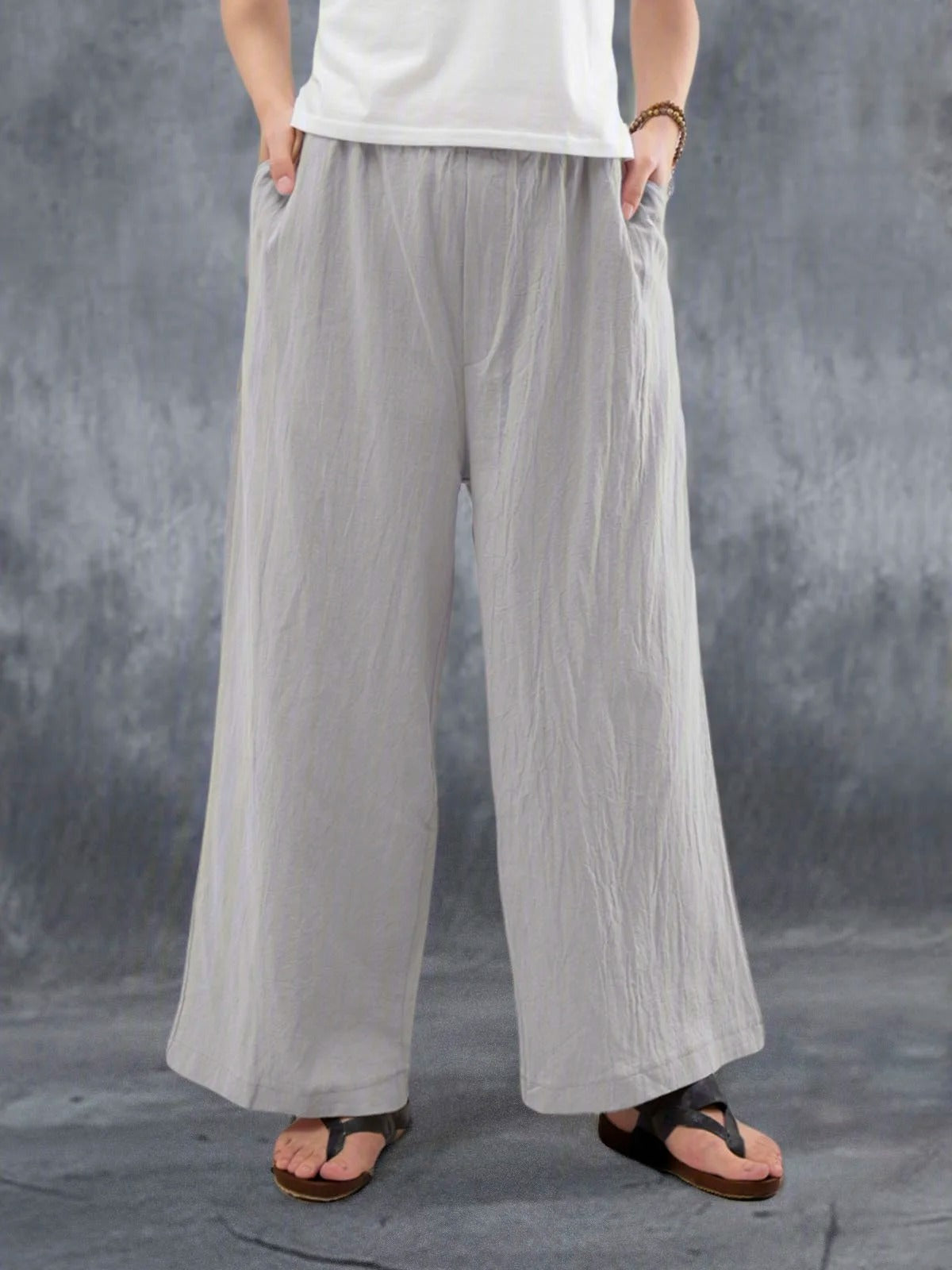 Women's Casual Solid Pockets Cotton and Linen Wide Leg Pants