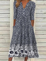 Dark Blue Casual V Neck Floral Printed Half Sleeve Dress